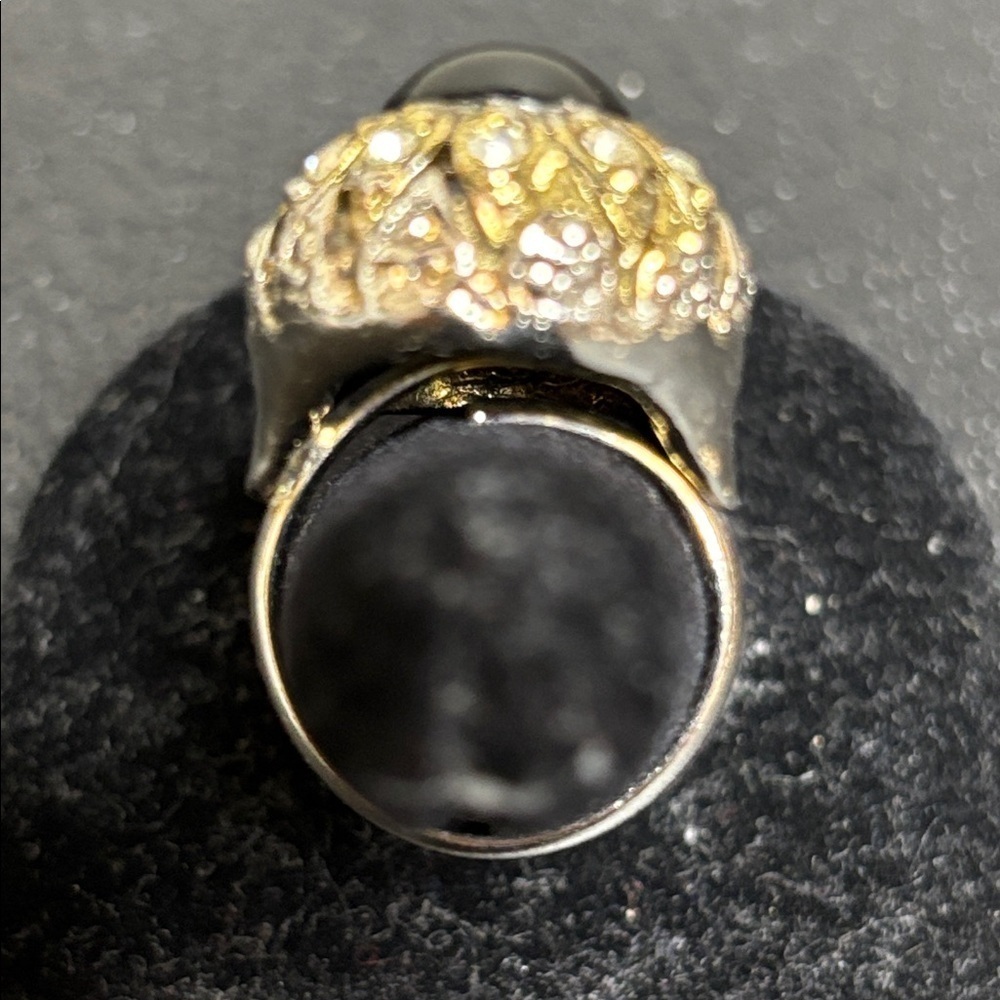 Vintage Black Stone Cabochon Rhinestone Oval Cocktail Adjustable Ring - Picture 3 of 6